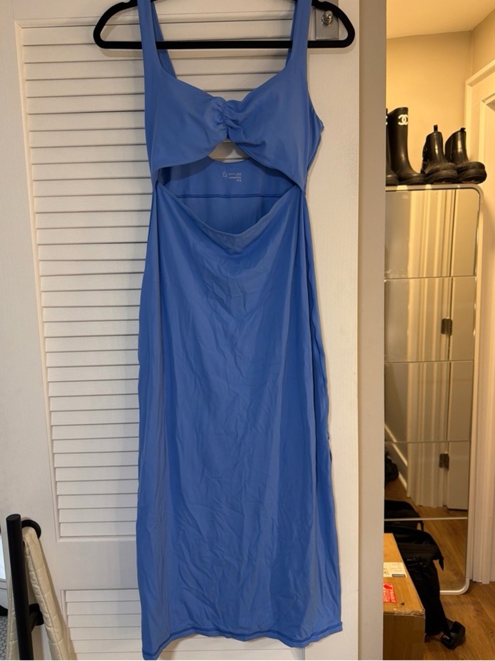 Blue Midi Dress with cinched Front and Cutout